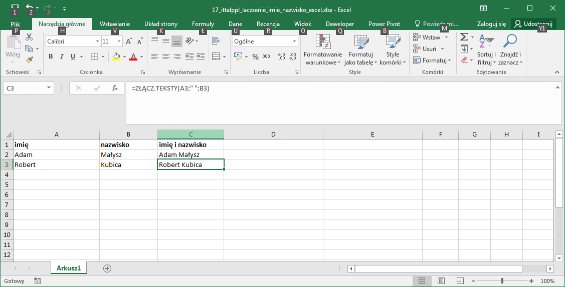Excel - Jak połączyć imię i nazwisko?