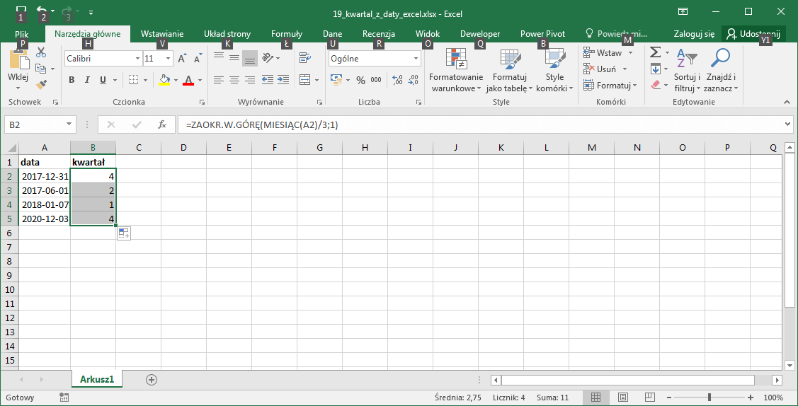 Excel - Obliczanie kwartaÅ‚u na podstawie daty