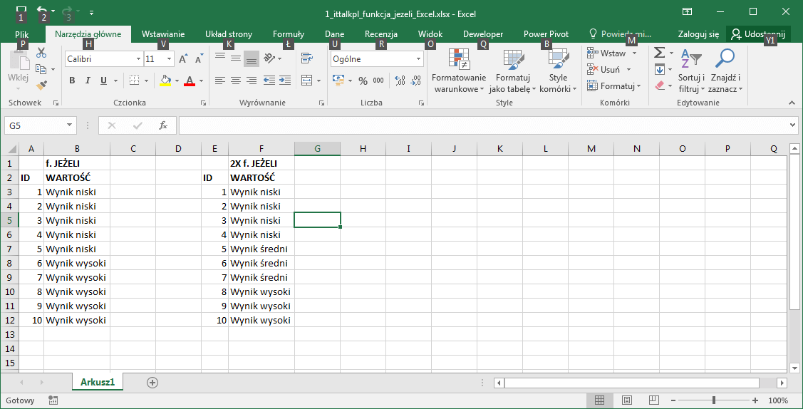 Excel - Funkcja JEŻELI
