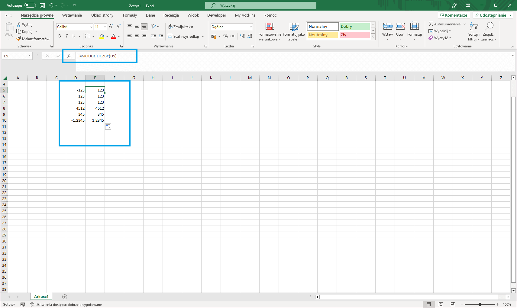 Przykład obliczania wartości bezwzględnej w Excel